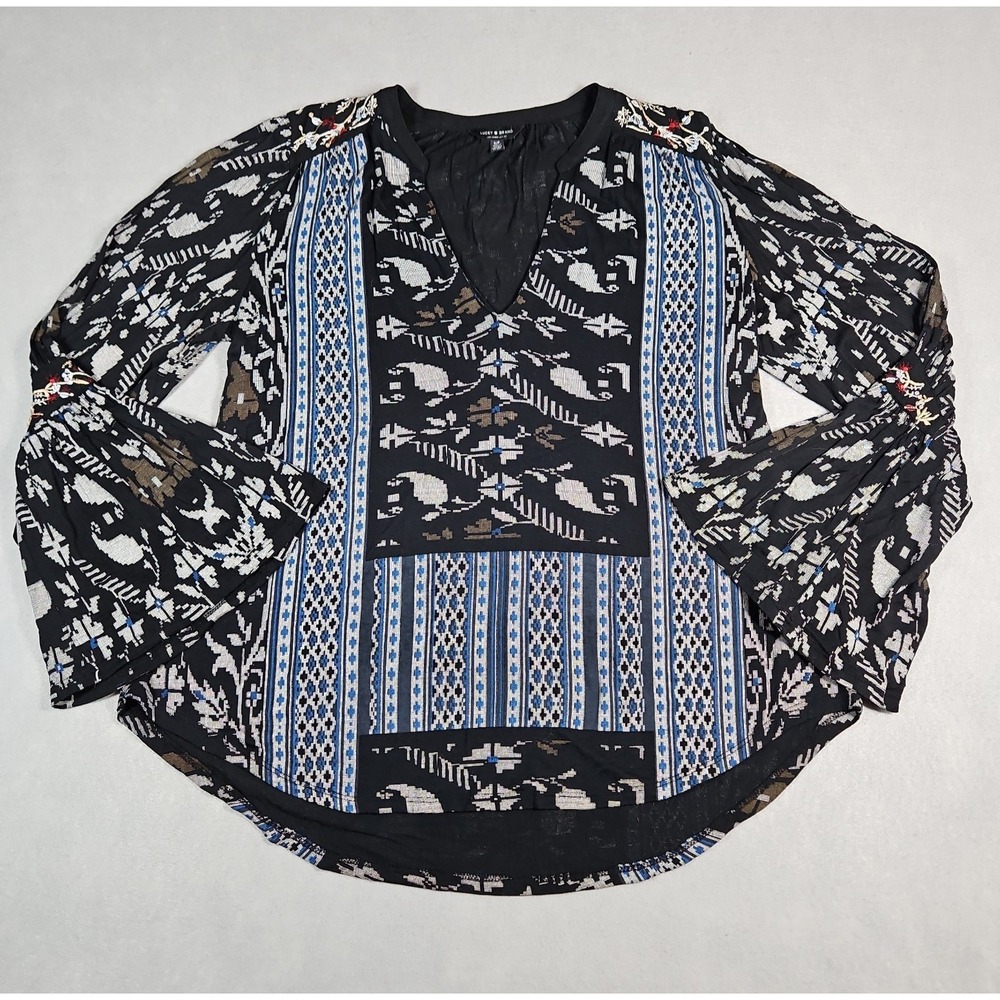 Lucky Brand Womens Black Blue Geometric Bell Sleeve Boho Blouse Size Small